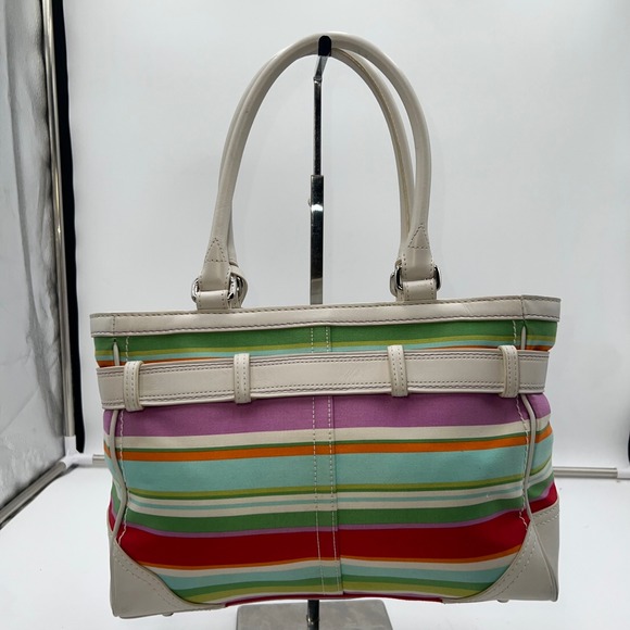 Coach Hampton Multicolor Canvas White Leather Trim Stripes Satchel Tote Bag - Picture 10 of 14